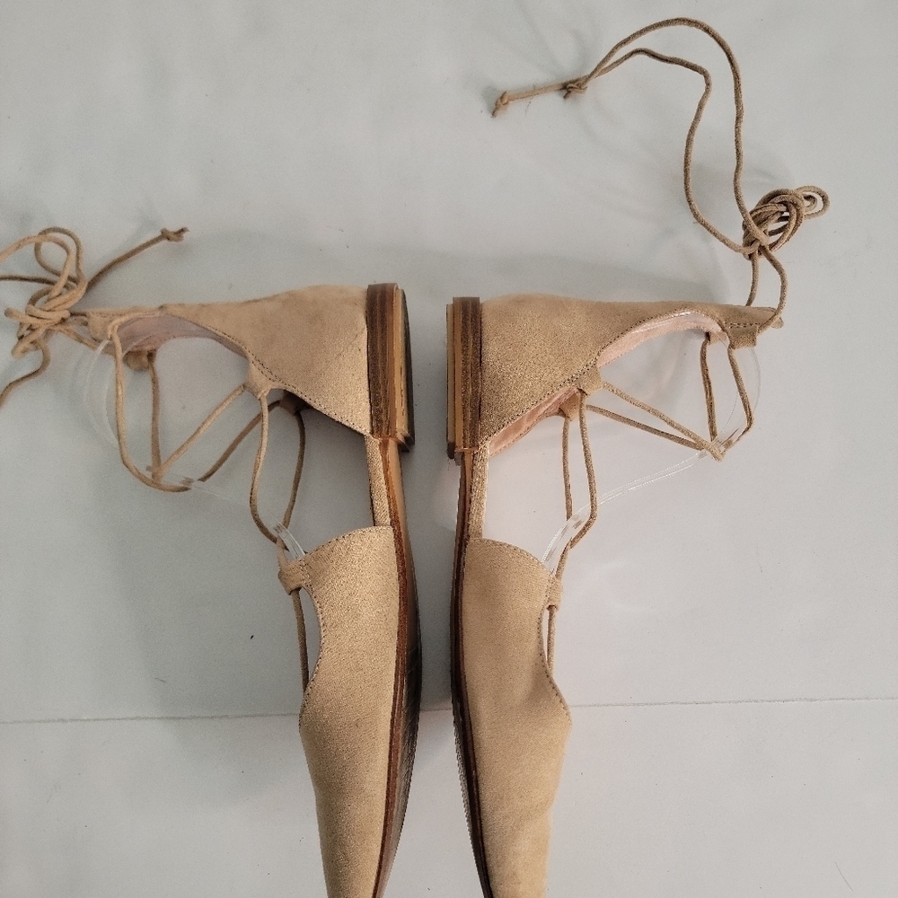 Zara Sz 38 8 Suede Lace Up Pointed Toe Ballet Flats Shoes Tan - Picture 4 of 8